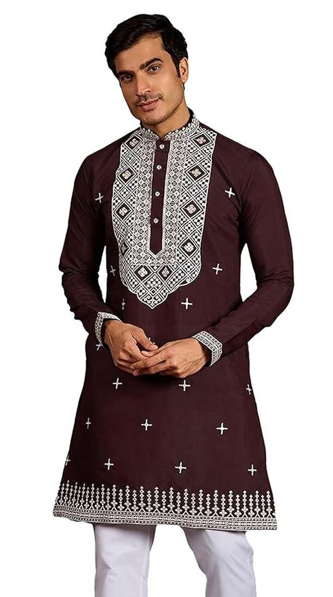 Kalaanj Men Silk Blend Embroidered Kurta with Mandarin Collar - Image 1
